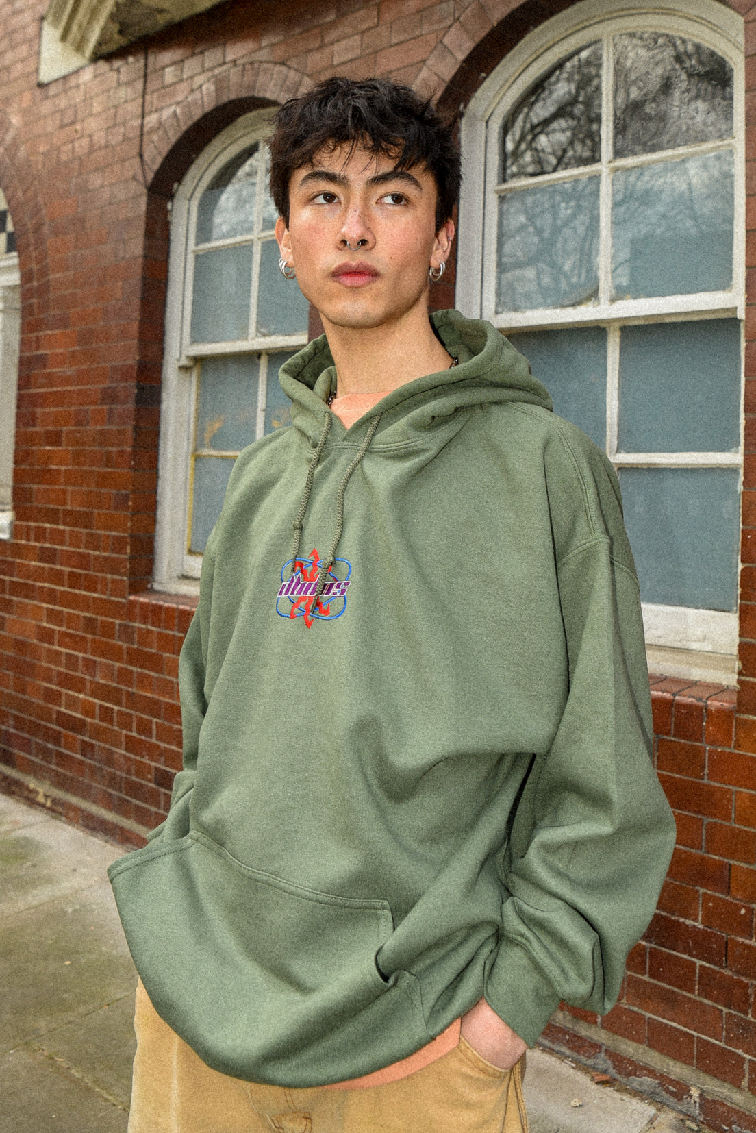 Hoodie in Military Green with Futuristic Logo Embroidery