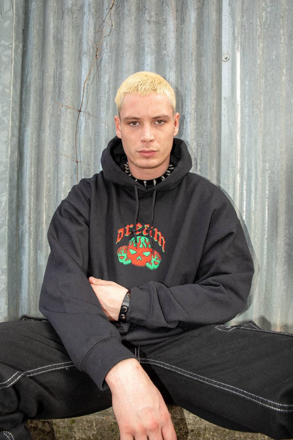 Hoodie in Black With Flaming Skull Embroidery