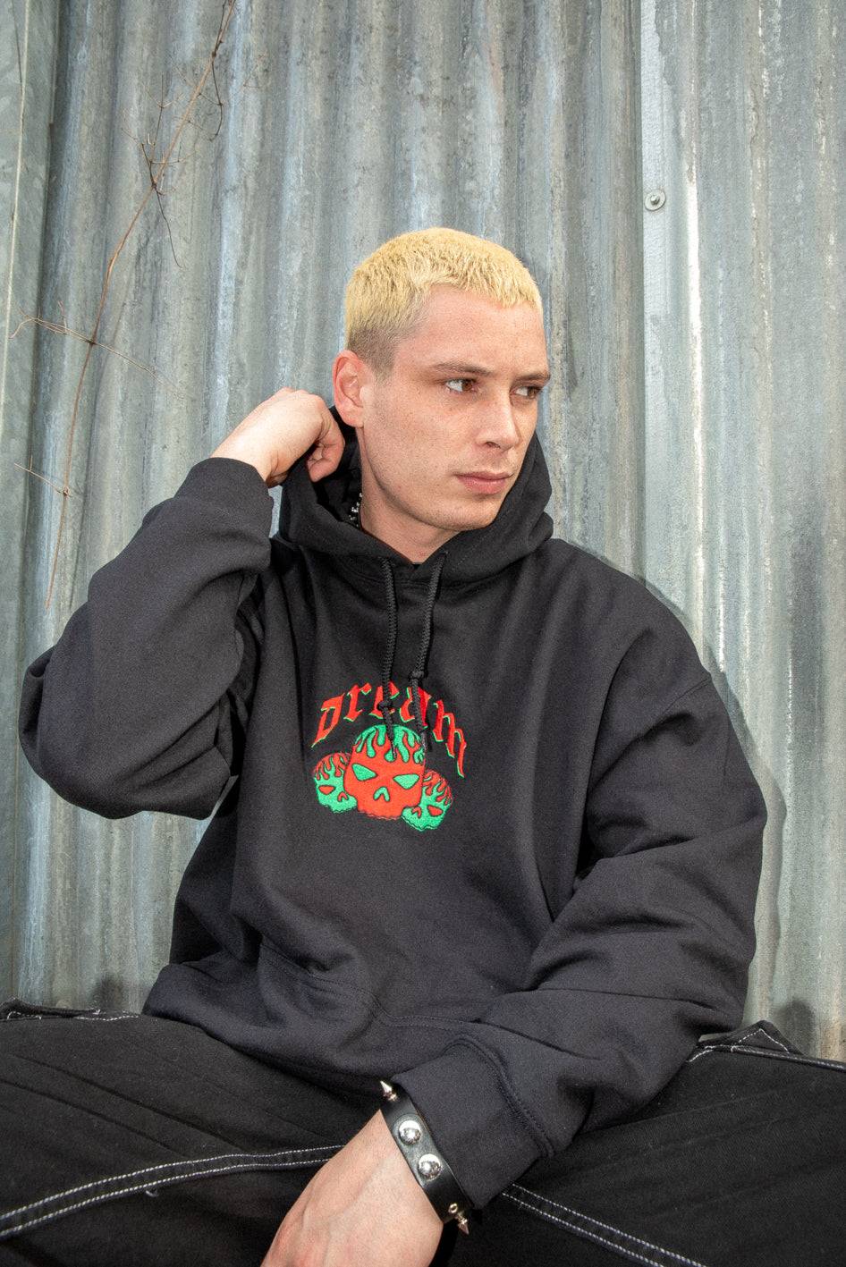 Hoodie in Black With Flaming Skull Embroidery