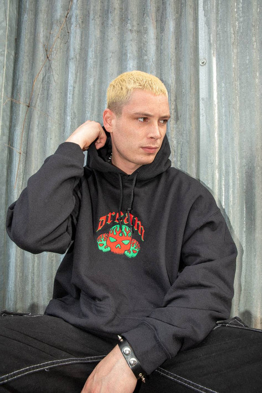 Hoodie in Black With Flaming Skull Embroidery