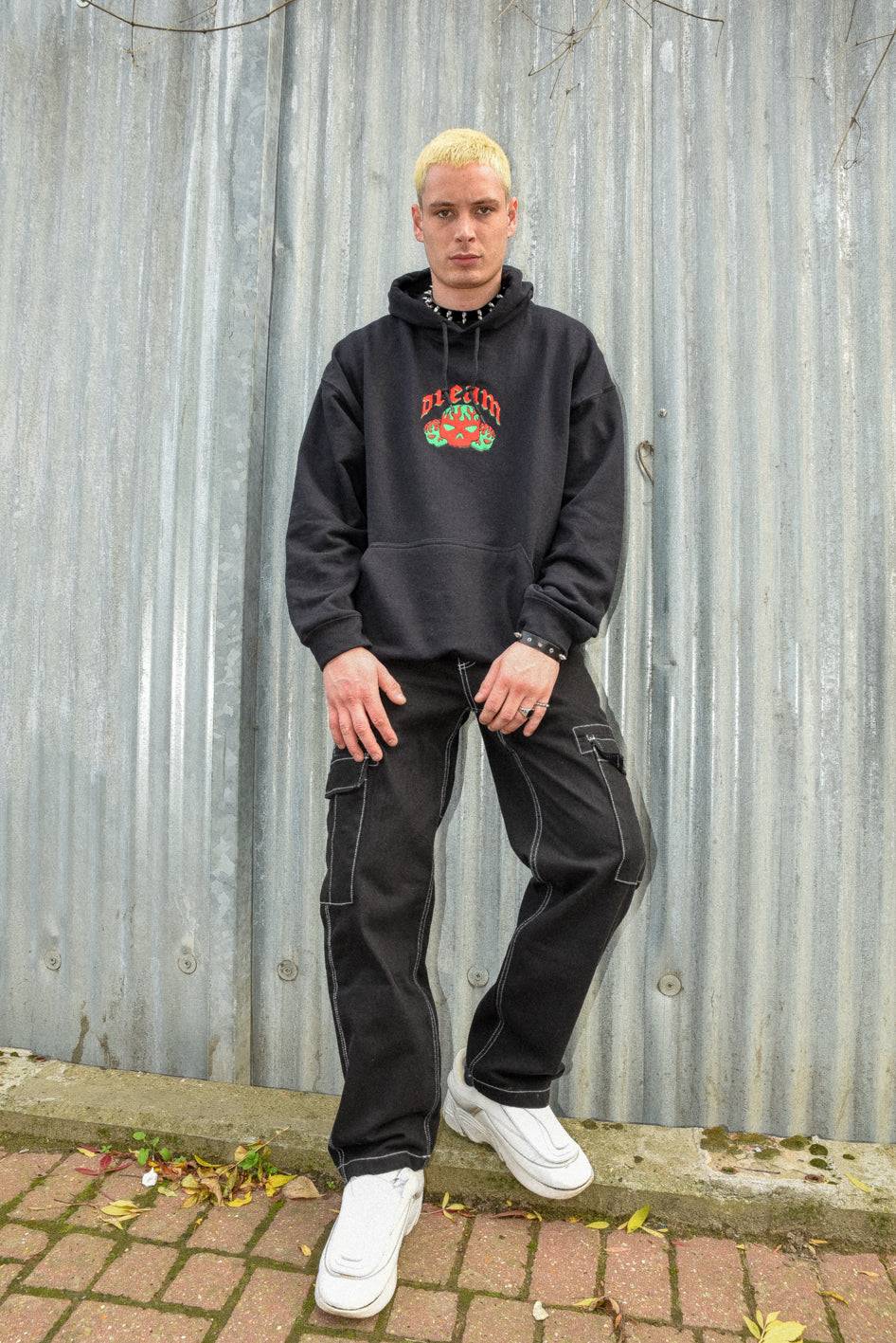 Hoodie in Black With Flaming Skull Embroidery