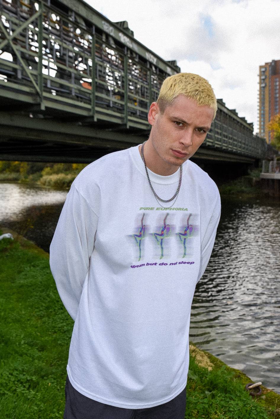 Long Sleeved Cotton T-shirt in White Pure Euphoria Print
