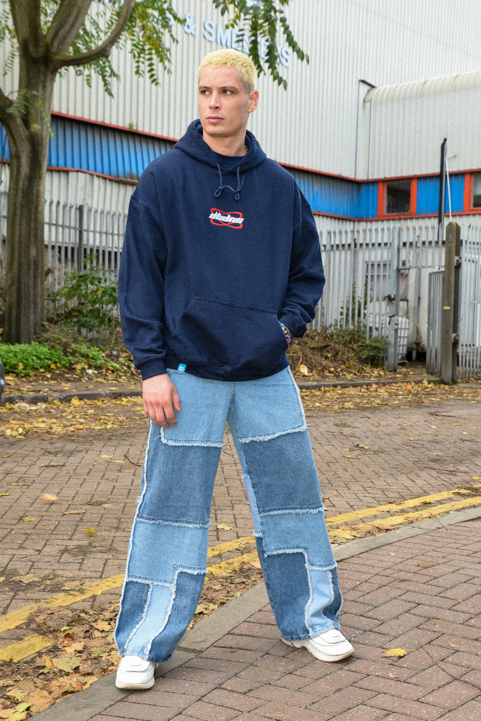 Hoodie in Navy With Futuristic Logo Embroidery