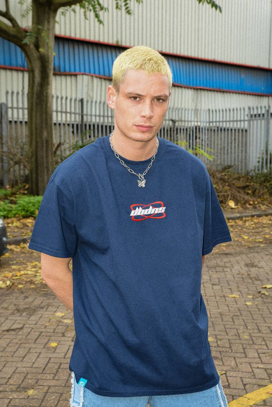 Short Sleeved T-shirt in Navy With Futuristic Logo Embroidery