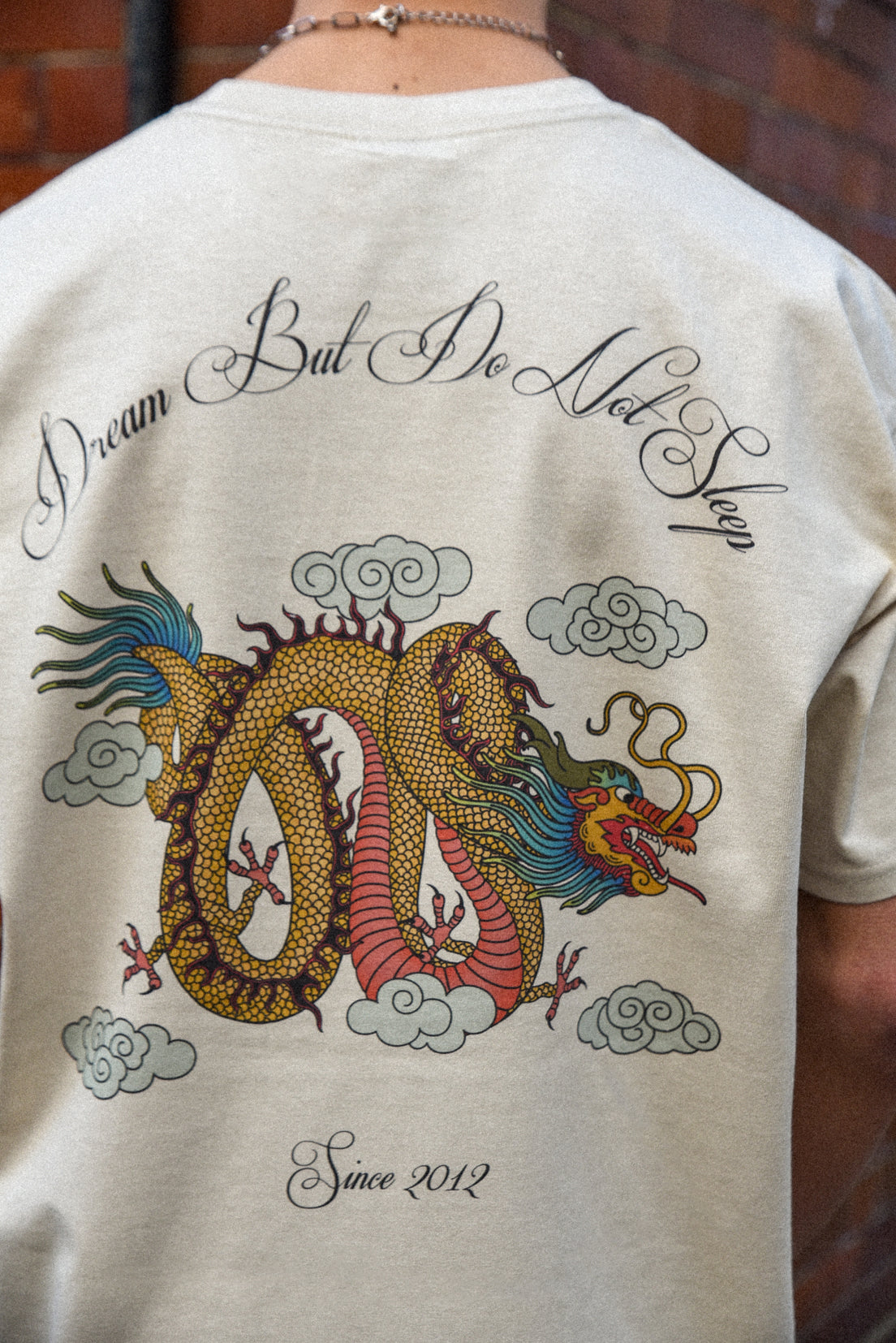 Short Sleeved T-shirt in Sand With Chinese Dragon Print