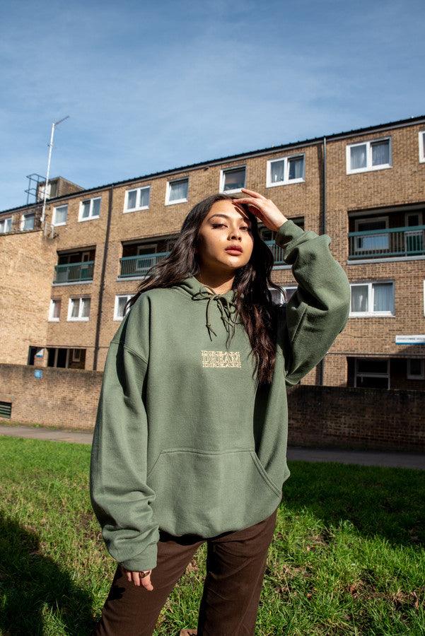 Hoodie In Military Green With Repeat Embroidery - Dreambutdonotsleep