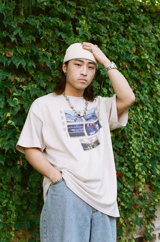 Short Sleeved T-shirt In Sand with Festival Photo Print