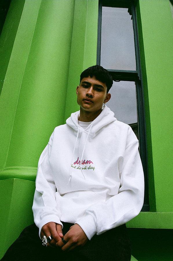 90s Logo Design On White Hoodie - Dreambutdonotsleep