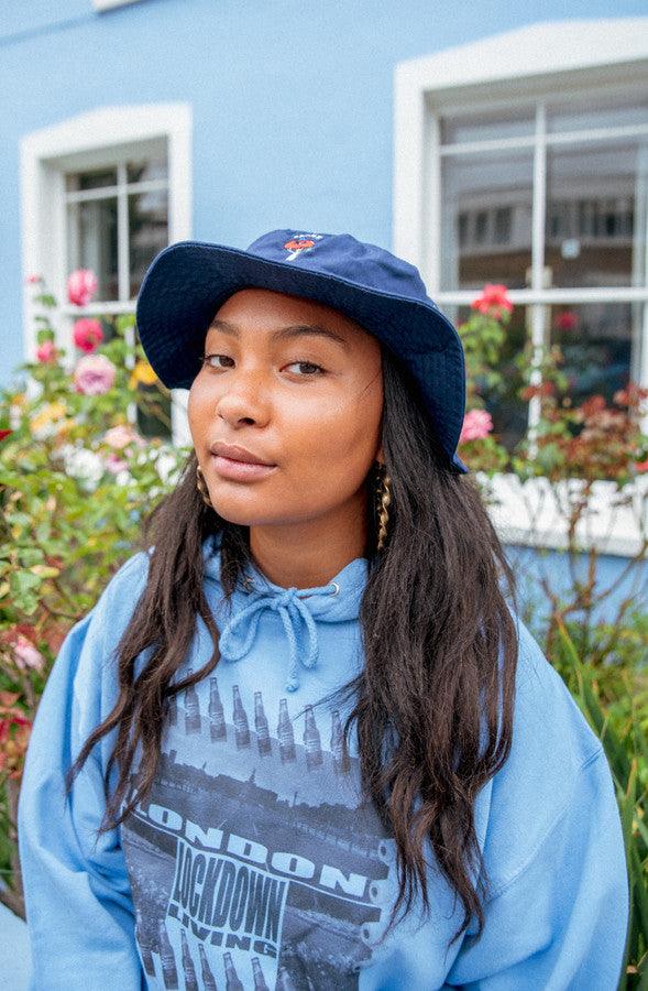 Bucket Hat In Navy With Embroidered Bro Shroom - Dreambutdonotsleep