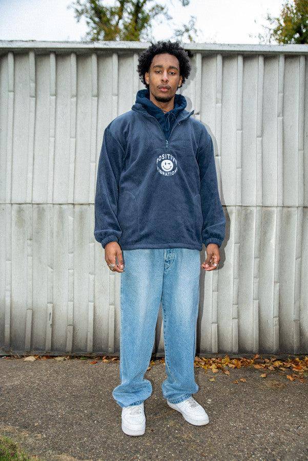Navy Fleece 90s Rave Smiley Positive Vibrations Embroidery - Dreambutdonotsleep