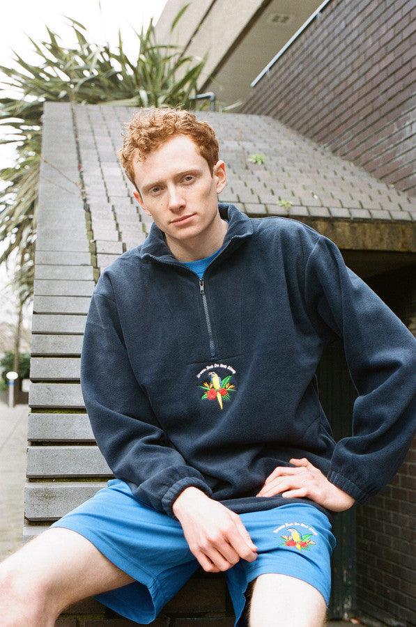 Navy Blue Fleece With Paradise Island Parrot Embroidery - Dreambutdonotsleep