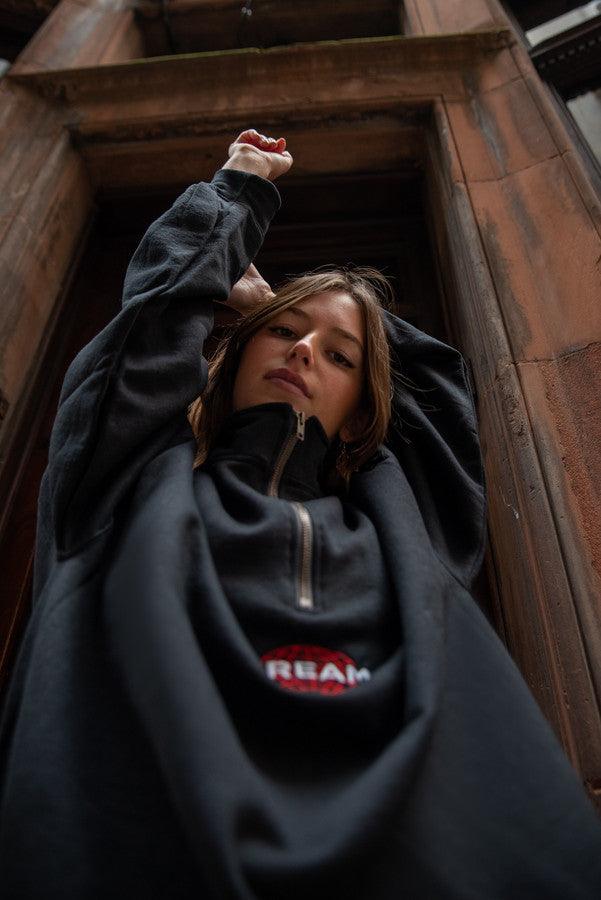 1-4 Zip Sweatshirt In Black With Dream Globe Embroidery - Dreambutdonotsleep