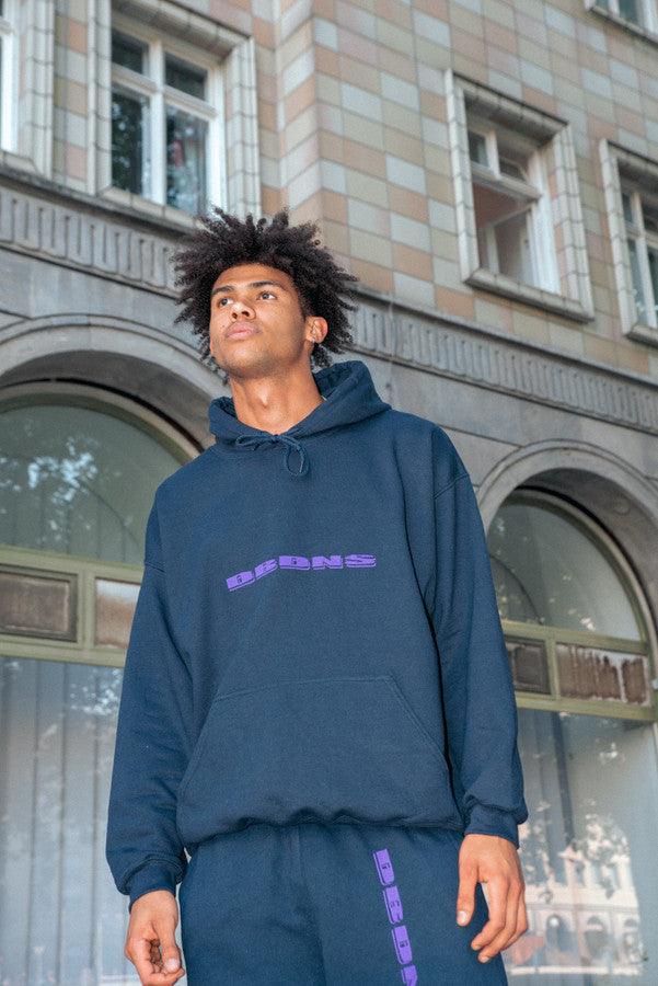 Hoodie in Navy with Purple Logo Embroidery - Dreambutdonotsleep