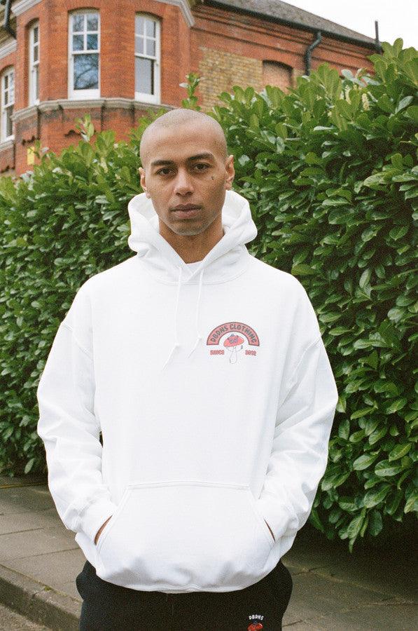 Hoodie In White With Bro Shroom Est 2012 Print - Dreambutdonotsleep