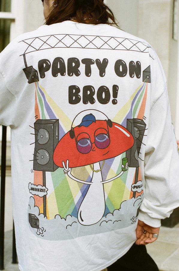 Long Sleeved T-shirt White Party On Bro Mushroom Graphic - Dreambutdonotsleep