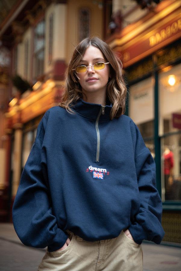 1-4 Zip Sweatshirt In Navy With Dream Sports Embroidery - Dreambutdonotsleep