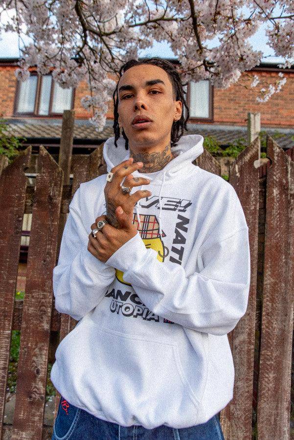 Heavyweight Hoodie in White With Rave Nation Print - Dreambutdonotsleep