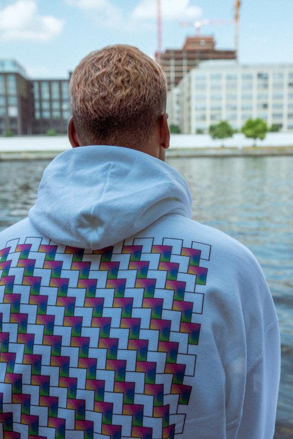 Hoodie in White with Square Geometric Logo Print - Dreambutdonotsleep