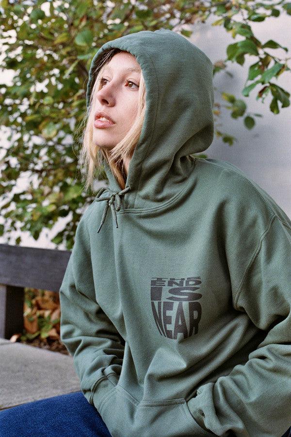 Military Green Hoodie With Printed 'The End Is Near' Design - Dreambutdonotsleep