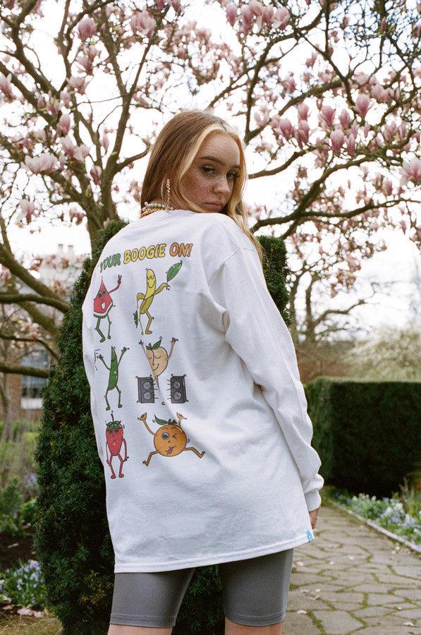 Long Sleeved T-shirt In White With Fruity Ravers Print - Dreambutdonotsleep