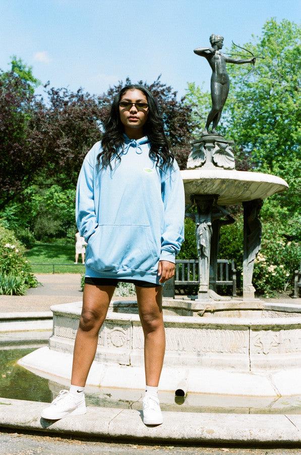 Hoodie in Cornflower Blue with Fruit Sticker Embroidery - Dreambutdonotsleep