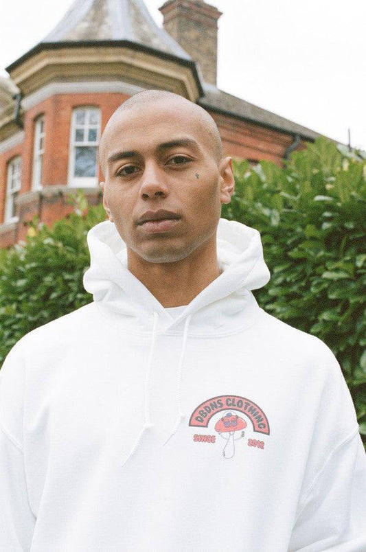 Hoodie In White With Bro Shroom Est 2012 Print - Dreambutdonotsleep