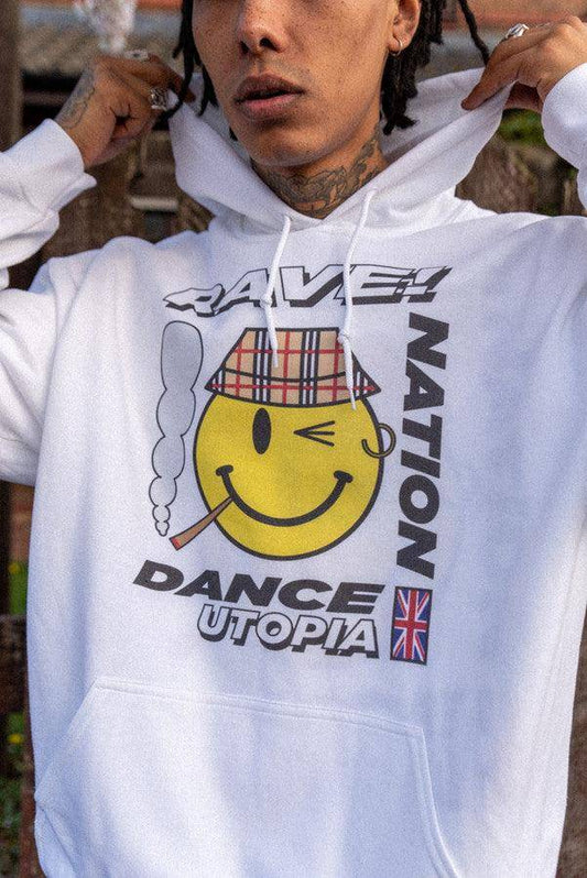 Heavyweight Hoodie in White With Rave Nation Print - Dreambutdonotsleep