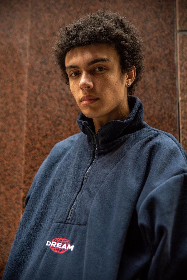 Fleece In Navy With Dream Globe Embroidery - Dreambutdonotsleep
