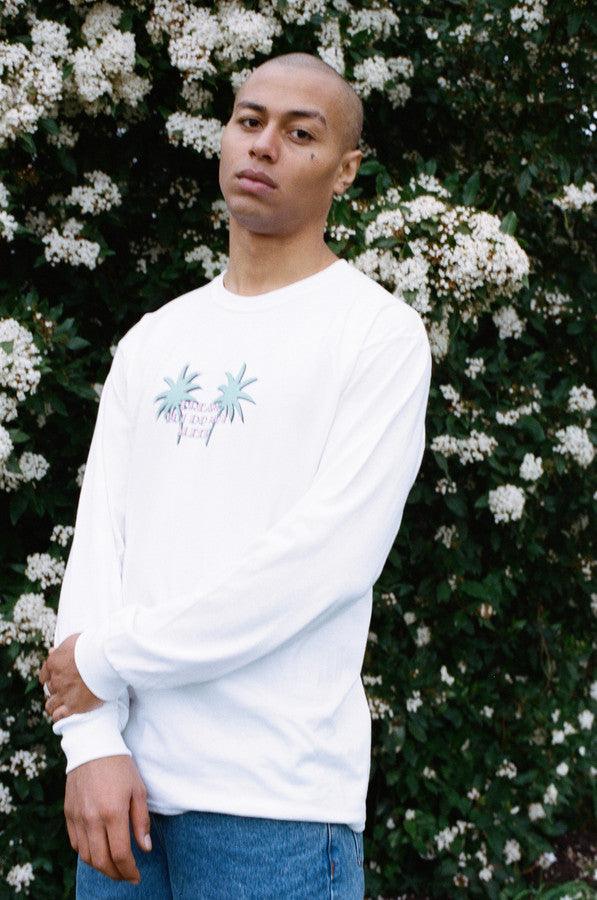 Long Sleeved T-shirt In White With Tropical Palm Tree Print - Dreambutdonotsleep