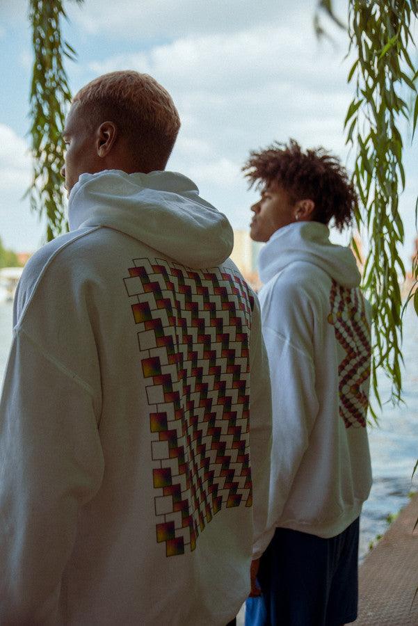 Hoodie in White with Square Geometric Logo Print - Dreambutdonotsleep