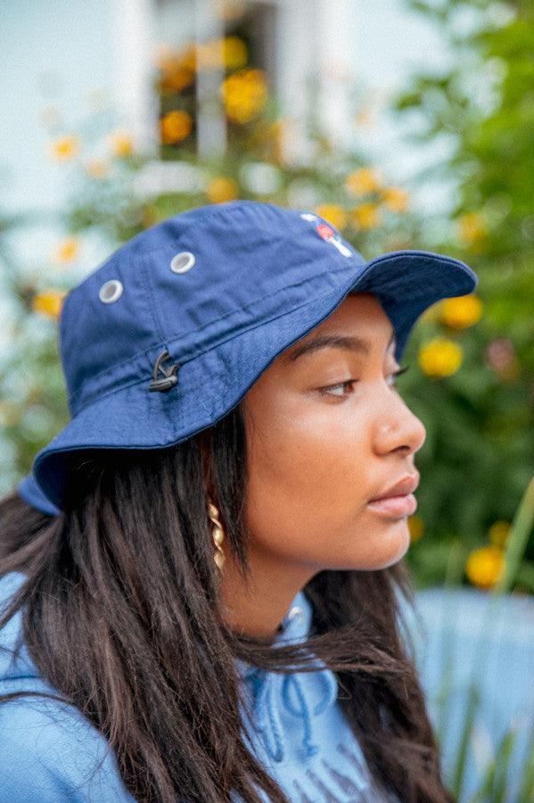 Bucket Hat In Navy With Embroidered Bro Shroom - Dreambutdonotsleep