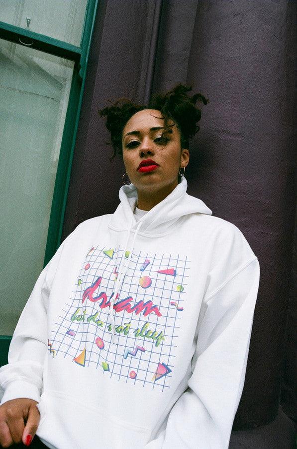 90s Grid Design Printed On A White Cotton Hoodie - Dreambutdonotsleep