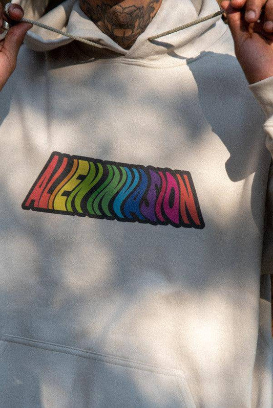 Hoodie In Sand With Trippy Alien Invasion Print - Dreambutdonotsleep