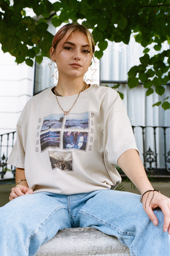 Short Sleeved T-shirt In Sand with Festival Photo Print