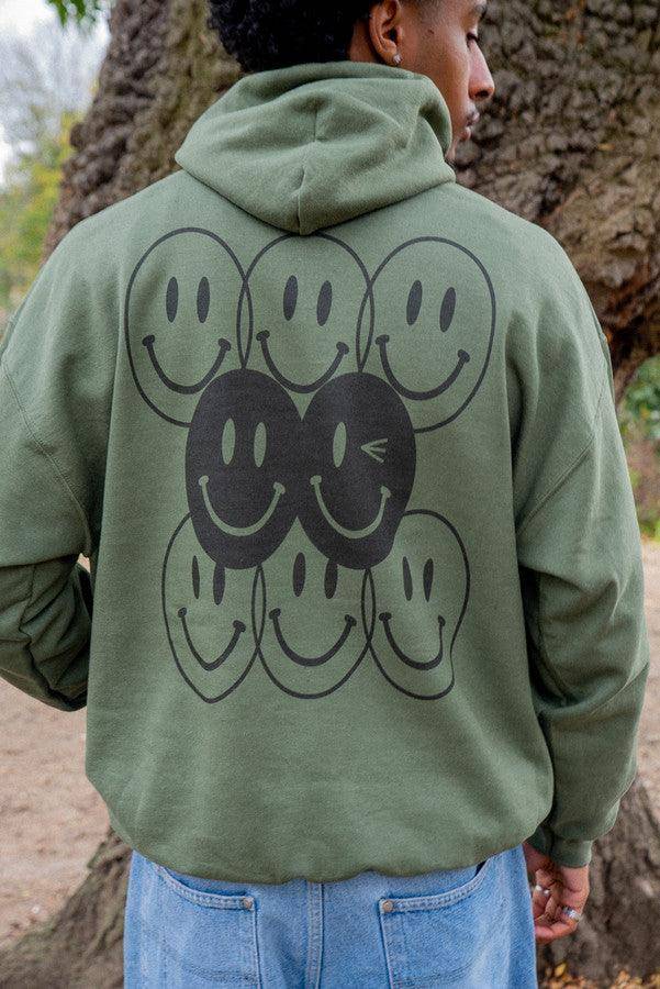 Hoodie in Military Green with 90s Rave Smiley Print - Dreambutdonotsleep
