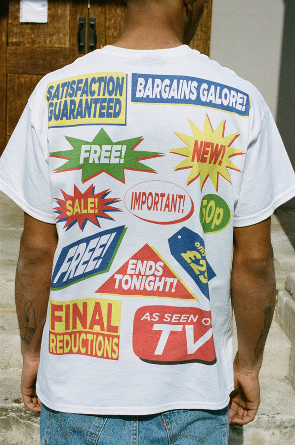 Short Sleeved White T-Shirt with Bargains Galore Print