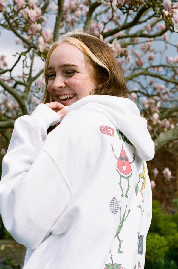 Hoodie In White With Fruity Ravers Print - Dreambutdonotsleep