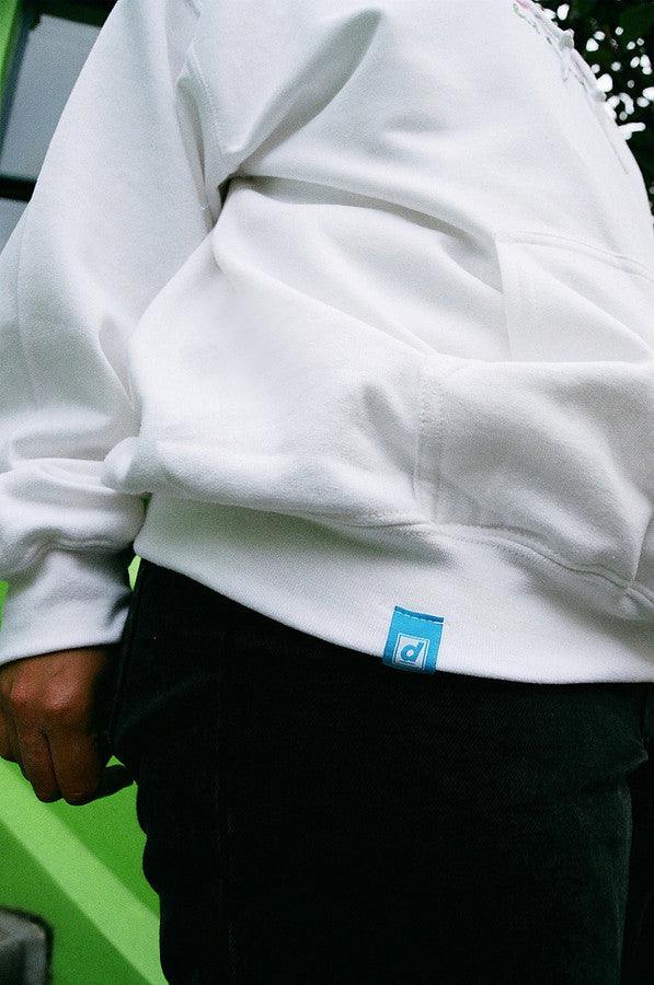 90s Logo Design On White Hoodie - Dreambutdonotsleep