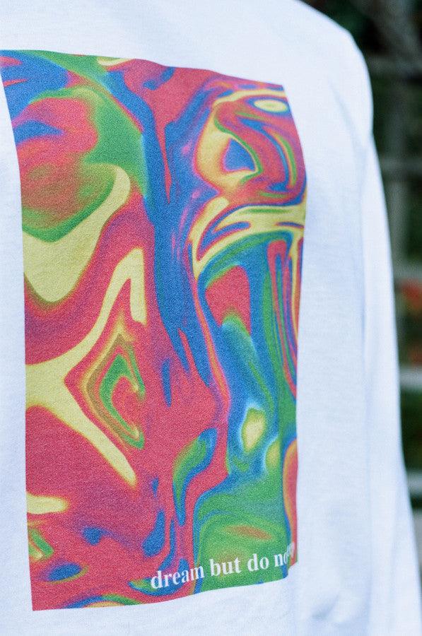 Long Sleeved T-shirt In White With Trippy Festival Print - Dreambutdonotsleep