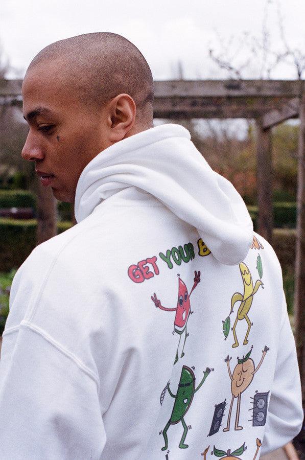 Hoodie In White With Fruity Ravers Print - Dreambutdonotsleep