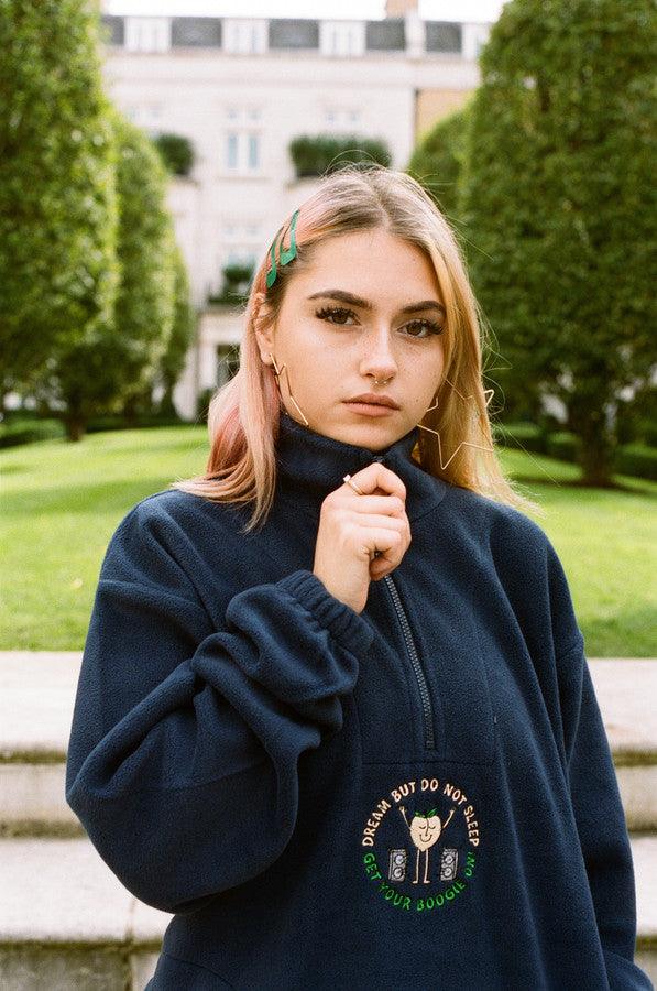 Fleece In Navy Pete The Peach Fruity Disco Raver Embroidery - Dreambutdonotsleep