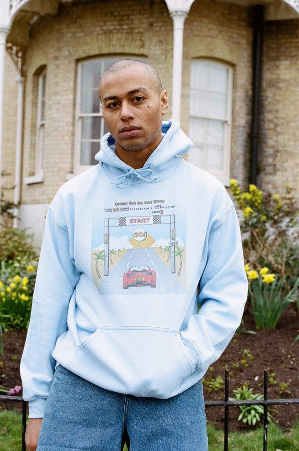 Hoodie In Light Blue With Drive In To The Sunset Print - Dreambutdonotsleep