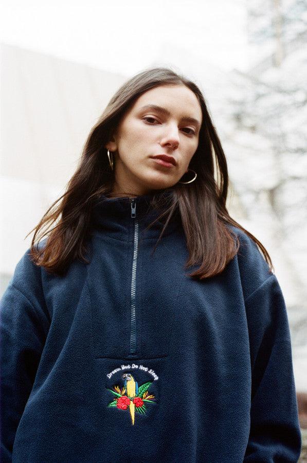 Navy Blue Fleece With Paradise Island Parrot Embroidery - Dreambutdonotsleep