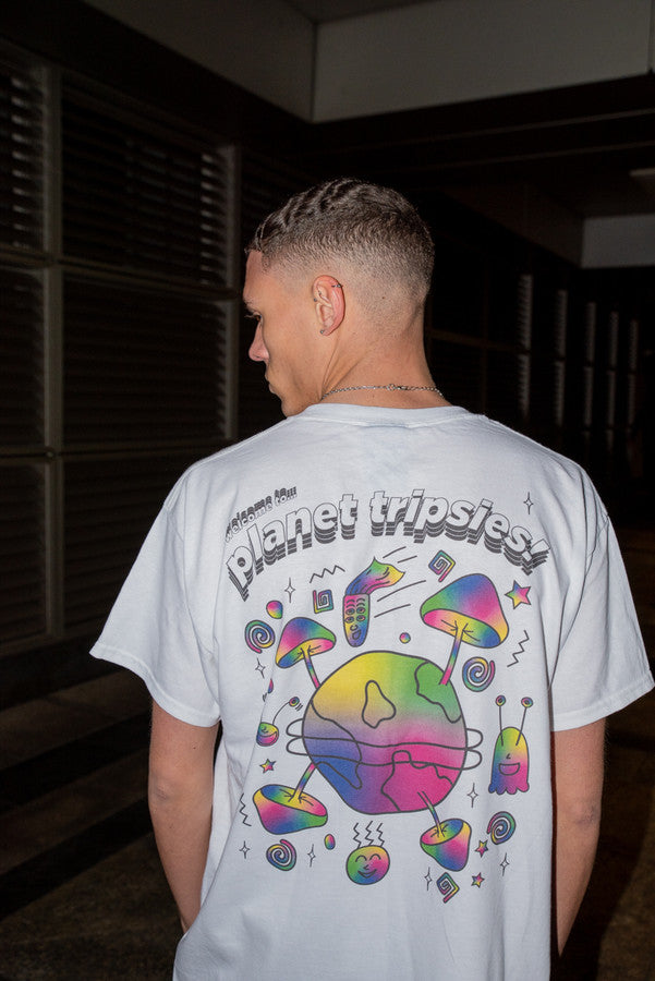 Short Sleeved T-shirt in White with Planet Tripsies Print