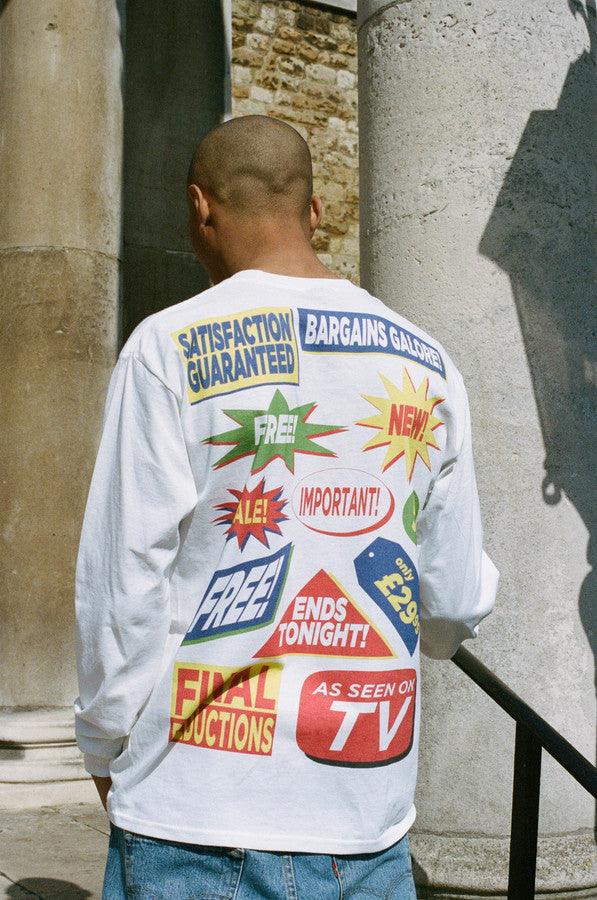 Long Sleeve T-shirt in White with Bargains Galore Print - Dreambutdonotsleep