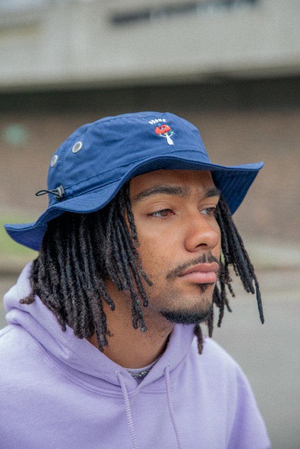 Bucket Hat In Navy With Embroidered Bro Shroom - Dreambutdonotsleep