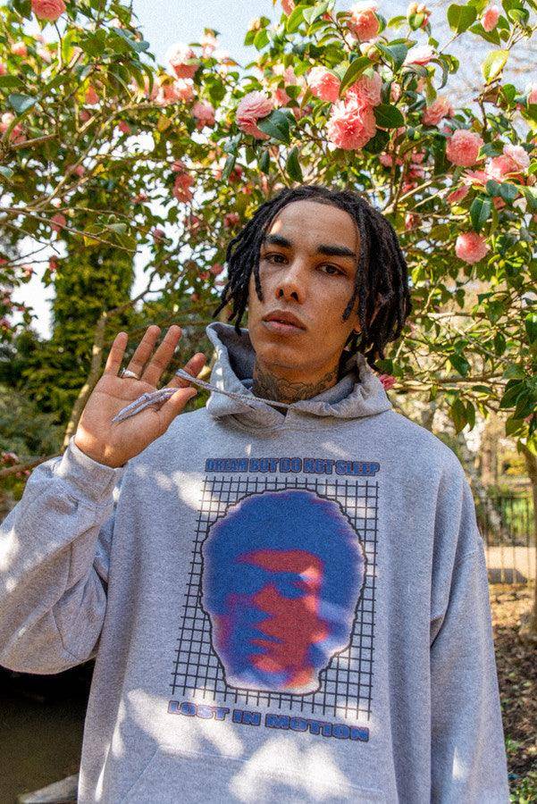 Heavyweight Hoodie in Grey With Lost in Motion Print - Dreambutdonotsleep