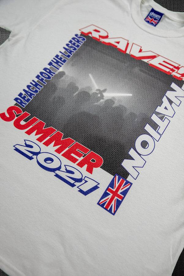 Short Sleeved T-shirt in White with Reach For The Lasers Print