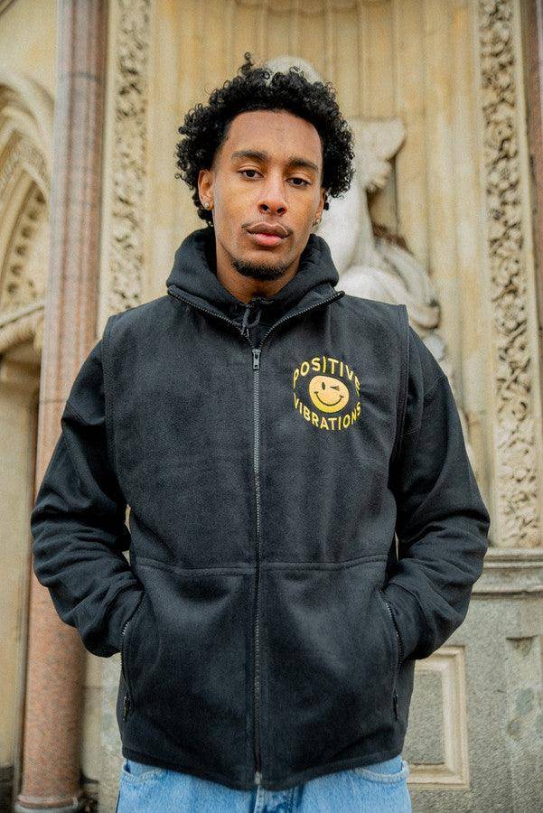 Black Fleece Gilet With 90s Rave Smiley Embroidery - Dreambutdonotsleep