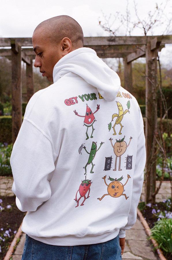 Hoodie In White With Fruity Ravers Print - Dreambutdonotsleep